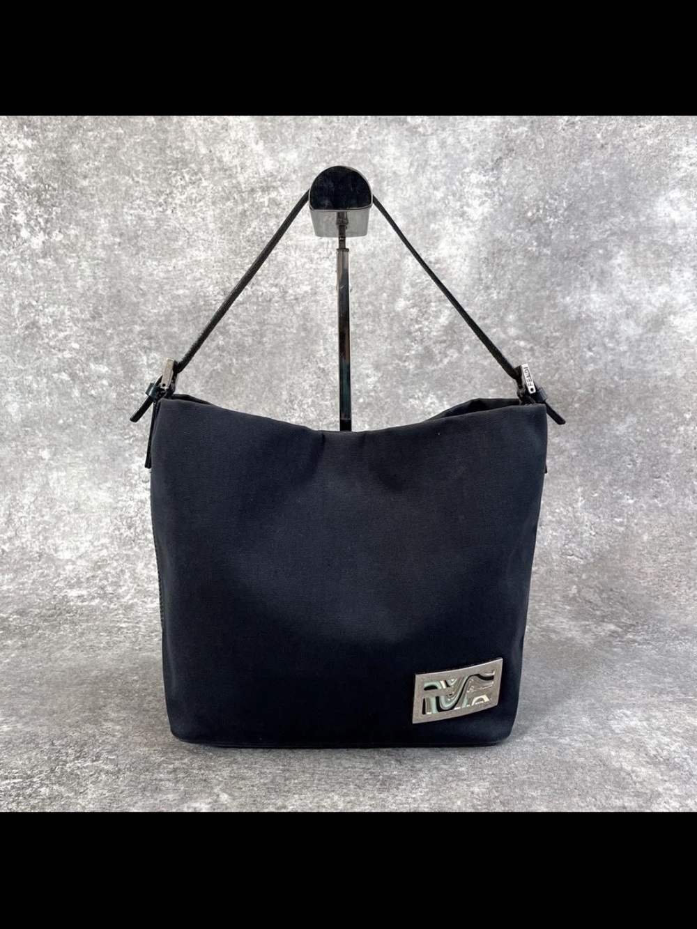 Fendi Black Shoulder Bag with Silver Logo Plaque